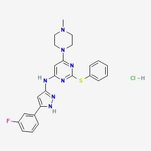 molecular formula C24H25ClFN7S B13499667 N-[5-(3-fluorophenyl)-1H-pyrazol-3-yl]-6-(4-methylpiperazin-1-yl)-2-(phenylsulfanyl)pyrimidin-4-amine hydrochloride 