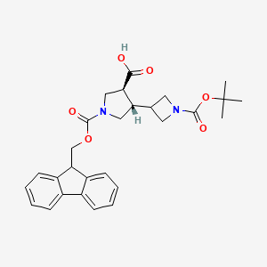 molecular formula C28H32N2O6 B13516975 rac-(3R,4R)-4-{1-[(tert-butoxy)carbonyl]azetidin-3-yl}-1-{[(9H-fluoren-9-yl)methoxy]carbonyl}pyrrolidine-3-carboxylic acid, trans 