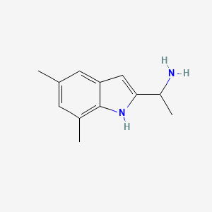 molecular formula C12H16N2 B13525496 1-(5,7-dimethyl-1H-indol-2-yl)ethan-1-amine 