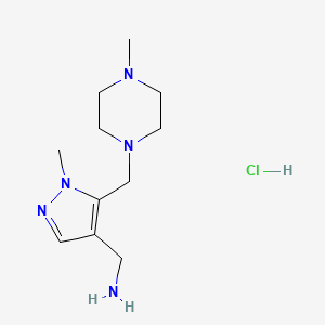 molecular formula C11H22ClN5 B13528632 1-{1-methyl-5-[(4-methylpiperazin-1-yl)methyl]-1H-pyrazol-4-yl}methanaminehydrochloride 