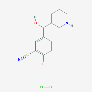 molecular formula C13H16ClFN2O B13546760 2-Fluoro-5-[hydroxy(piperidin-3-yl)methyl]benzonitrilehydrochloride 