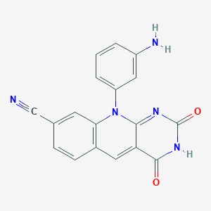 molecular formula C18H11N5O2 B13553575 10-(3-Aminophenyl)-2,4-dioxopyrimido[4,5-b]quinoline-8-carbonitrile 