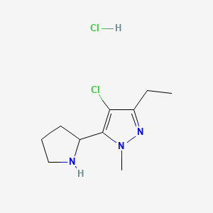 molecular formula C10H17Cl2N3 B13554494 4-chloro-3-ethyl-1-methyl-5-(pyrrolidin-2-yl)-1H-pyrazolehydrochloride 