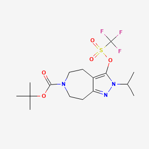 molecular formula C16H24F3N3O5S B13563345 2-isopropyl-3-trifluoromethanesulfonyloxy-4,5,7,8-tetrahydro-2H-1,2,6-triaza-azulene-6-carboxylic acid tert-butyl ester 