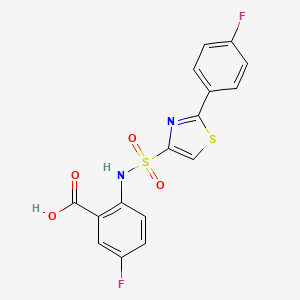 molecular formula C16H10F2N2O4S2 B13566397 5-Fluoro-2-[2-(4-fluorophenyl)-1,3-thiazole-4-sulfonamido]benzoic acid 