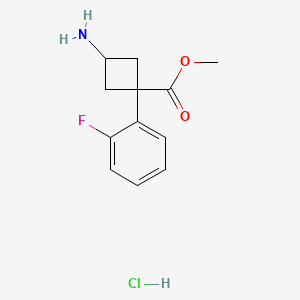 molecular formula C12H15ClFNO2 B13566576 Rac-methyl(1r,3r)-3-amino-1-(2-fluorophenyl)cyclobutane-1-carboxylatehydrochloride 