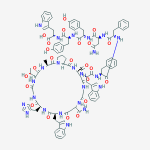 molecular formula C103H115N23O23 B136124 L-Tryptophan, glycyl-L-asparaginyl-L-tryptophyl-L-histidylglycyl-L-threonyl-L-alanyl-L-prolyl-L-alpha-aspartyl-L-tryptophyl-L-phenylalanyl-L-phenylalanyl-L-asparaginyl-L-tyrosyl-L-tyrosyl-, cyclic (9-1)-peptide CAS No. 151308-34-8