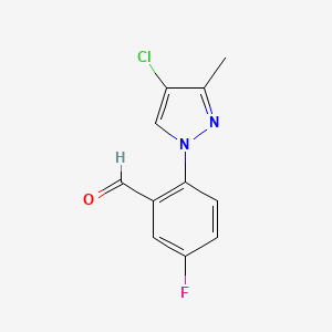 molecular formula C11H8ClFN2O B13628068 2-(4-Chloro-3-methyl-1h-pyrazol-1-yl)-5-fluorobenzaldehyde 