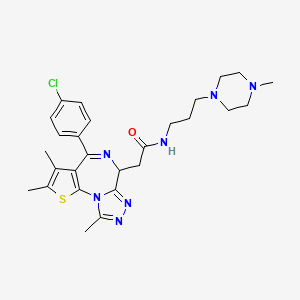 molecular formula C27H34ClN7OS B13644950 2-[7-(4-chlorophenyl)-4,5,13-trimethyl-3-thia-1,8,11,12-tetrazatricyclo[8.3.0.02,6]trideca-2(6),4,7,10,12-pentaen-9-yl]-N-[3-(4-methylpiperazin-1-yl)propyl]acetamide 