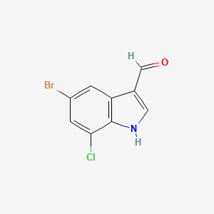 molecular formula C9H5BrClNO B13676290 5-Bromo-7-chloroindole-3-carbaldehyde 