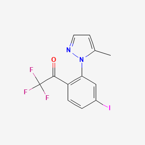 molecular formula C12H8F3IN2O B13677787 2,2,2-Trifluoro-1-(4-iodo-2-(5-methyl-1H-pyrazol-1-yl)phenyl)ethanone 