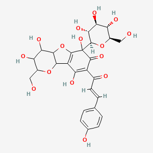 B1368178 9H-Pyrano(3,2-b)benzofuran-9-one, 2,3,4,4a,6,9b-hexahydro-6-beta-D-glucopyranosyl-2-(hydroxymethyl)-8-(3-(4-hydroxyphenyl)-1-oxo-2-propenyl)-3,4,6,7-tetrahydroxy- CAS No. 85532-77-0