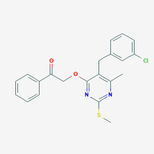 molecular formula C21H19ClN2O2S B13708720 5-(3-Chlorobenzyl)-6-methyl-2-methylthio-4-phenacyloxypyrimidine CAS No. 1000576-40-8