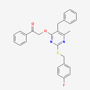 molecular formula C27H23FN2O2S B13708967 5-Benzyl-2-(4-fluorobenzylthio)-6-methyl-4-phenacyloxypyrimidine 