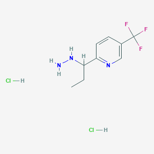 molecular formula C9H14Cl2F3N3 B13712952 2-(1-Hydrazinopropyl)-5-(trifluoromethyl)pyridine diHCl 