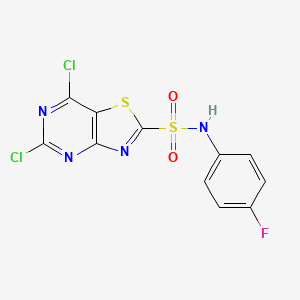 molecular formula C11H5Cl2FN4O2S2 B13725897 5,7-Dichlorothiazolo[4,5-d]pyrimidin-2-sulfonic acid (4-fluorophenyl)amide 