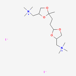 molecular formula C17H36I2N2O4 B13730588 Ammonium, (2-methyl-2-(2-(4-(trimethylammoniomethyl)2-dioxolanyl)ethyl)-4-dioxolanylmethyl)trimethyl-, diiodide CAS No. 41040-70-4