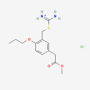 molecular formula C14H21ClN2O3S B13733431 3-(((Aminoiminomethyl)thio)methyl)-4-propoxybenzeneacetic acid methylester monohydrochloride CAS No. 42024-63-5