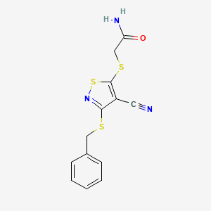 molecular formula C13H11N3OS3 B13740294 Acetamide, 2-((4-cyano-3-((phenylmethyl)thio)-5-isothiazolyl)thio)- CAS No. 135489-22-4