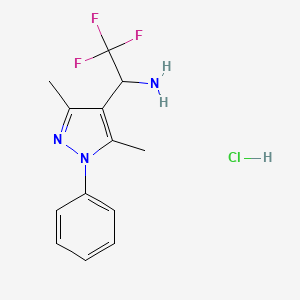 molecular formula C13H15ClF3N3 B1374152 1-(3,5-dimethyl-1-phenyl-1H-pyrazol-4-yl)-2,2,2-trifluoroethan-1-amine hydrochloride CAS No. 1354949-75-9