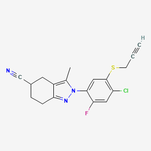 molecular formula C18H15ClFN3S B13747143 2-[4-Chloro-2-fluoro-5-(2-propyn-1-ylthio)phenyl]-4,5,6,7-tetrahydro-3-methyl-2H-indazole-5-carbonitrile 