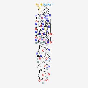 disodium;3-[16-[[6-amino-2-[[5-amino-2-[(2-amino-3-methylbutanoyl)amino]-5-oxopentanoyl]amino]hexanoyl]amino]-10-(3-amino-3-oxopropyl)-33-(2-carboxylatoethyl)-7-[[1-[[1-[[1-(1,3-dicarboxypropylamino)-3-methyl-1-oxobutan-2-yl]amino]-3-hydroxy-1-oxobutan-2-yl]amino]-3-(1H-imidazol-4-yl)-1-oxopropan-2-yl]carbamoyl]-3,13,20,22,28,34,40-heptamethyl-9,12,15-trioxo-4,5,18,19-tetrathia-8,11,14,24,26,31,36,39,41-nonaza-38,42-diazanidahexacyclo[21.15.1.12,37.127,30.132,35.021,25]dotetraconta-1,21,23(39),24,26,28,30,32(41),33,35,37(40)-undecaen-29-yl]propanoate;iron(2+)