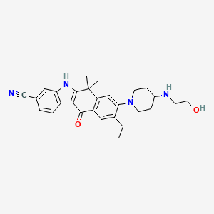 molecular formula C28H32N4O2 B1375380 5H-Benzo(b)carbazole-3-carbonitrile, 9-ethyl-6,11-dihydro-8-(4-((2-hydroxyethyl)amino)-1-piperidinyl)-6,6-dimethyl-11-oxo- CAS No. 1256585-04-2