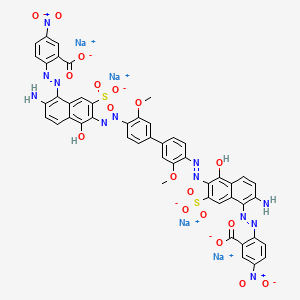 molecular formula C48H30N12Na4O18S2 B13764550 Benzoic acid, 2,2'-((3,3'-dimethoxy(1,1'-biphenyl)-4,4'-diyl)bis(azo(2-amino-5-hydroxy-7-sulfo-6,1-naphthalenediyl)azo))bis(5-nitro-, tetrasodium salt CAS No. 70210-33-2