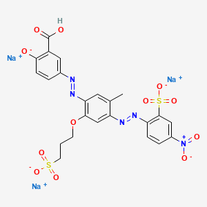 molecular formula C23H18N5Na3O12S2 B13772220 Benzoic acid, 2-hydroxy-5-((5-methyl-4-((4-nitro-2-sulfophenyl)azo)-2-(3-sulfopropoxy)phenyl)azo)-, trisodium salt CAS No. 74186-17-7