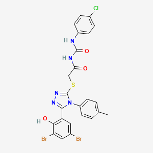 molecular formula C24H18Br2ClN5O3S B13783395 Acetamide, N-(((4-chlorophenyl)amino)carbonyl)-2-((5-(3,5-dibromo-2-hydroxyphenyl)-4-(4-methylphenyl)-4H-1,2,4-triazol-3-yl)thio)- CAS No. 97399-39-8