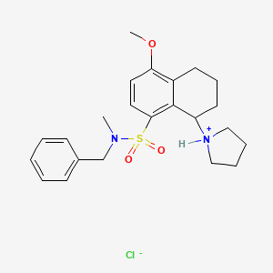 molecular formula C23H31ClN2O3S B13786696 Naphthalene-8-sulfonamide, 1,2,3,4-tetrahydro-N-benzyl-5-methoxy-N-methyl-1-(1-pyrrolidinyl)-, hydrochloride, hydrate CAS No. 63766-34-7