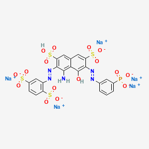 molecular formula C22H13N5Na5O16PS4 B13788367 Pentasodium;2-[[1-amino-8-hydroxy-7-[(3-phosphonatophenyl)diazenyl]-3-sulfo-6-sulfonatonaphthalen-2-yl]diazenyl]benzene-1,4-disulfonate CAS No. 83968-58-5