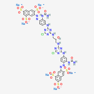 molecular formula C43H30Cl2N18Na6O21S6 B13790062 1,3,6-Naphthalenetrisulfonic acid, 7,7'-[(2-hydroxy-1,3-propanediyl)bis[imino(6-chloro-1,3,5-triazine-4,2-diyl)imino[2-[(aminocarbonyl)amino]-4,1-phenylene]azo]]bis-, hexasodium salt CAS No. 75199-17-6