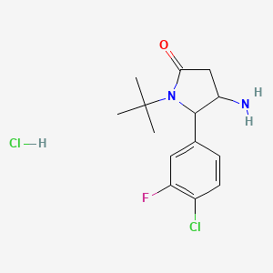 molecular formula C14H19Cl2FN2O B1379171 4-氨基-1-叔丁基-5-(4-氯-3-氟苯基)吡咯烷-2-酮盐酸盐 CAS No. 1461707-55-0