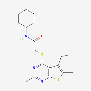 molecular formula C18H25N3OS2 B13795899 Acetamide,N-cyclohexyl-2-[(5-ethyl-2,6-dimethylthieno[2,3-D]pyrimidin-4-YL)thio]- 