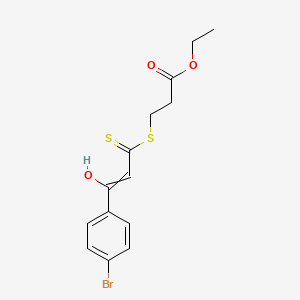 molecular formula C14H15BrO3S2 B13798531 3-[[3-(4-Bromophenyl)-3-hydroxy-1-thioxo-2-propenyl]thio]propionic acid ethyl ester 