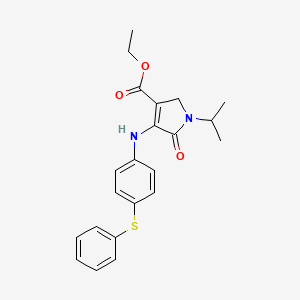 molecular formula C22H24N2O3S B13799569 1H-Pyrrole-3-carboxylic acid, 2,5-dihydro-1-(1-methylethyl)-5-oxo-4-((4-(phenylthio)phenyl)amino)-, ethyl ester CAS No. 77711-88-7