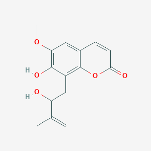 molecular formula C15H16O5 B13802793 7-Hydroxy-8-(2-hydroxy-3-methyl-3-butenyl)-6-methoxy-2H-1-benzopyran-2-one 