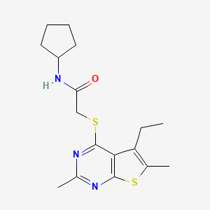 molecular formula C17H23N3OS2 B13807487 Acetamide,N-cyclopentyl-2-[(5-ethyl-2,6-dimethylthieno[2,3-D]pyrimidin-4-YL)thio]- 