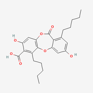 molecular formula C24H28O7 B13807999 3,9-Dihydroxy-6-oxo-1,7-dipentylbenzo[b][1,4]benzodioxepine-2-carboxylic acid 