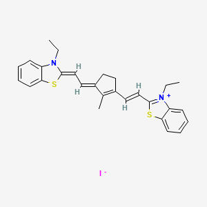 molecular formula C28H29IN2S2 B13812685 3-Ethyl-2-[(E)-2-(3-((E)-2-[3-ethyl-1,3-benzothiazol-2(3H)-ylidene]ethylidene)-2-methyl-1-cyclopenten-1-YL)ethenyl]-1,3-benzothiazol-3-ium iodide 