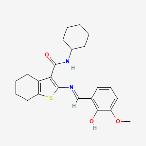 molecular formula C23H28N2O3S B13822397 N-cyclohexyl-2-[[(E)-(5-methoxy-6-oxocyclohexa-2,4-dien-1-ylidene)methyl]amino]-4,5,6,7-tetrahydro-1-benzothiophene-3-carboxamide 