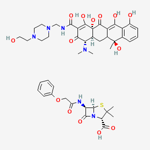 molecular formula C45H56N6O14S B13827695 (4S,4aS,6S,12aR)-4-(dimethylamino)-1,6,10,11,12a-pentahydroxy-N-[[4-(2-hydroxyethyl)piperazin-1-yl]methyl]-6-methyl-3,12-dioxo-4,4a,5,5a-tetrahydrotetracene-2-carboxamide;(2S,5R,6R)-3,3-dimethyl-7-oxo-6-[(2-phenoxyacetyl)amino]-4-thia-1-azabicyclo[3.2.0]heptane-2-carboxylic acid 