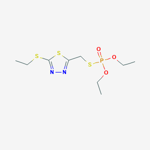 molecular formula C9H17N2O3PS3 B13827796 Phosphorothioic acid, O,O-diethyl S-((5-(ethylthio)-1,3,4-thiadiazol-2-yl)methyl) ester CAS No. 38090-98-1