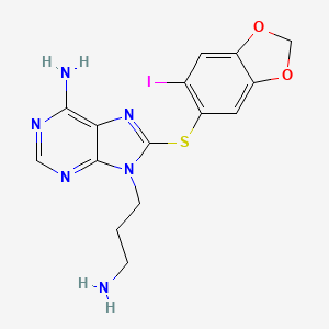 molecular formula C15H15IN6O2S B1383045 9-(3-Aminopropyl)-8-((6-iodobenzo-[d][1,3]dioxol-5-yl)thio)-9H-purin-6-amine CAS No. 1333155-97-7
