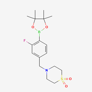molecular formula C17H25BFNO4S B1383691 4-(3-Fluoro-4-(4,4,5,5-tetramethyl-1,3,2-dioxaborolan-2-yl)benzyl)thiomorpholine 1,1-dioxide CAS No. 1469440-25-2