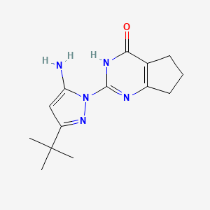 molecular formula C14H19N5O B1384395 2-(5-氨基-3-叔丁基-1H-吡唑-1-基)-3,5,6,7-四氢-4H-环戊[d]嘧啶-4-酮 CAS No. 1350989-10-4