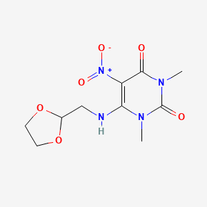 molecular formula C10H14N4O6 B13856737 6-(((1,3-Dioxolan-2-yl)methyl)amino)-1,3-dimethyl-5-nitropyrimidine-2,4(1H,3H)-dione 