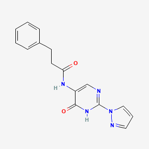 molecular formula C16H15N5O2 B13872828 N-(6-oxo-2-(1H-pyrazol-1-yl)-1,6-dihydropyrimidin-5-yl)-3-phenylpropanamide 