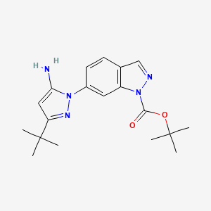 molecular formula C19H25N5O2 B13880578 6-(5-Amino-3-t-butyl-pyrazol-1-yl)-indazole-1-carboxylic acid t-butyl ester 